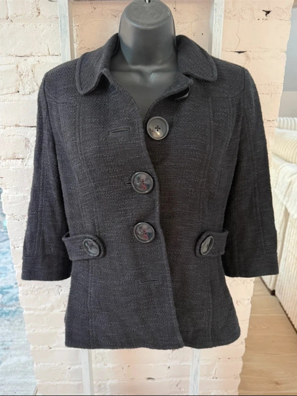 Tory Burch Black Tweed Button-Front Short Coat Jacket with Floral Lining Sz 4